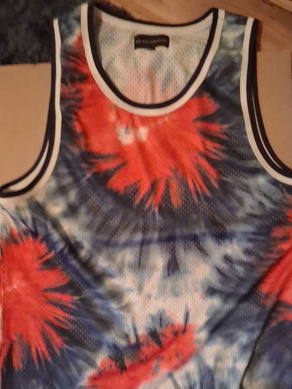 No Boundaries Men’s color burst mesh tank top, red, white,and blue